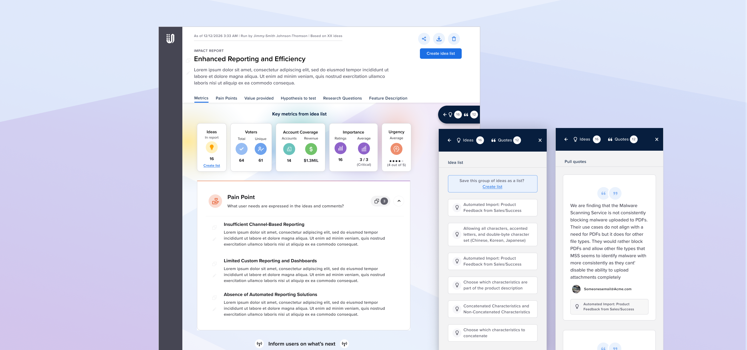 Impact Reports — full report view in browser showing 5 AI-generated color-coded sections