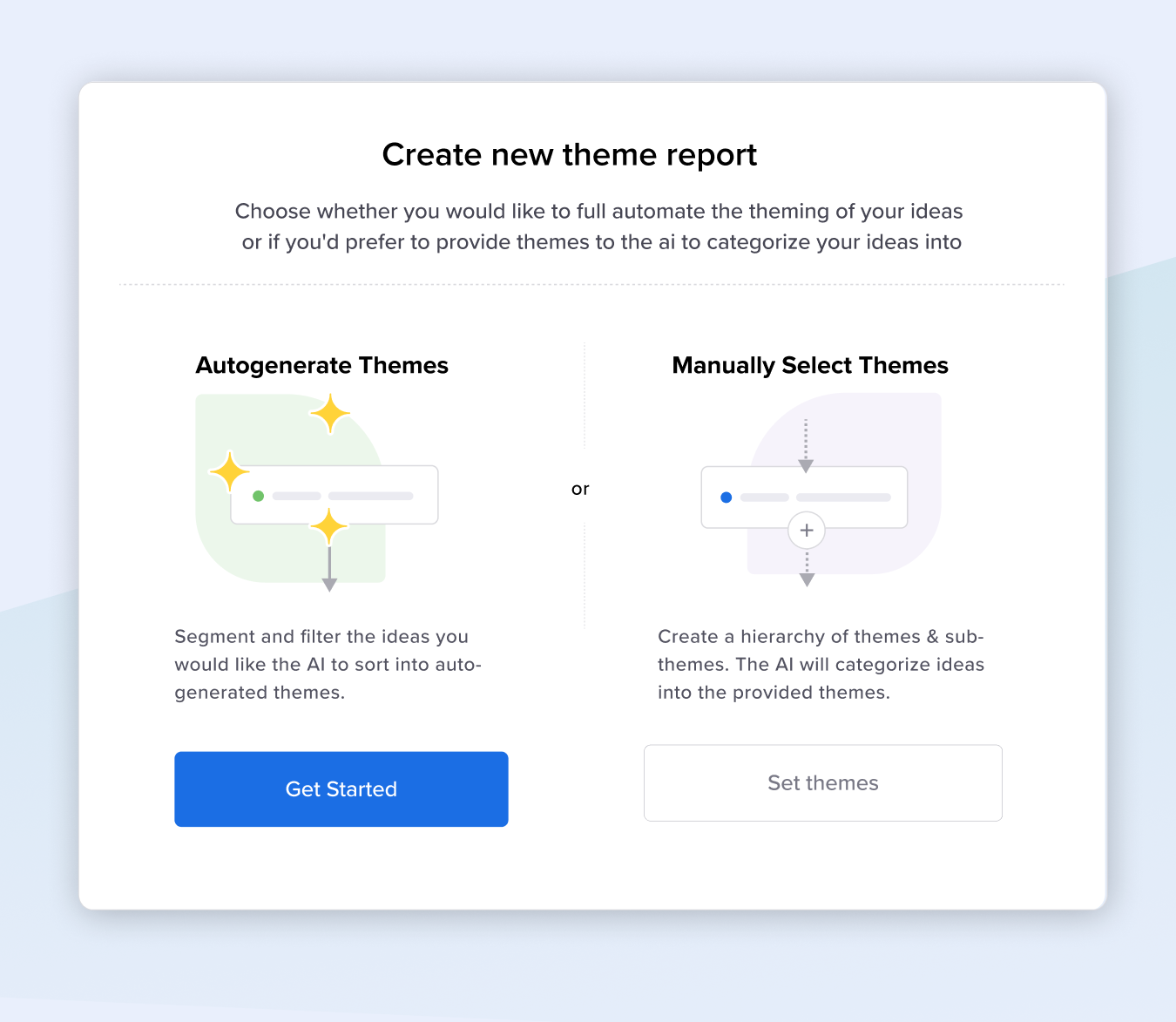 Create new theme report modal — autogenerate vs manually select themes showing human-in-the-loop control