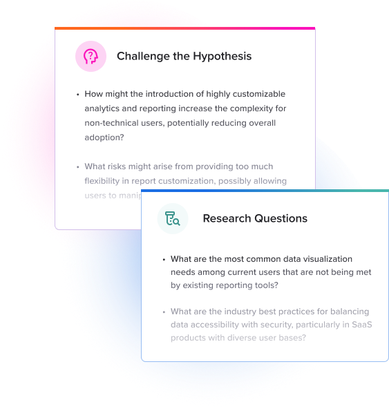 Challenge the Hypothesis and Research Questions sections — AI-generated prompts to pressure-test the PM's assumptions