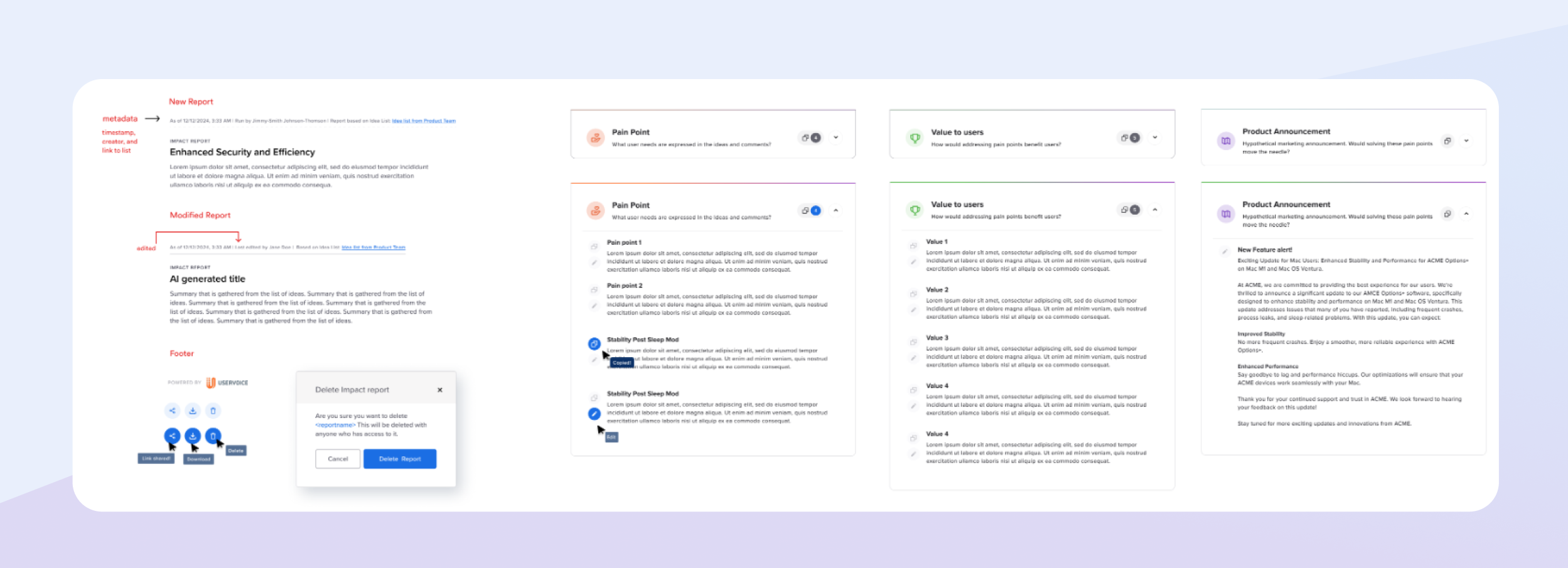 Design system components — new report, modified report, footer states and section component variants across the sharing and editing flow