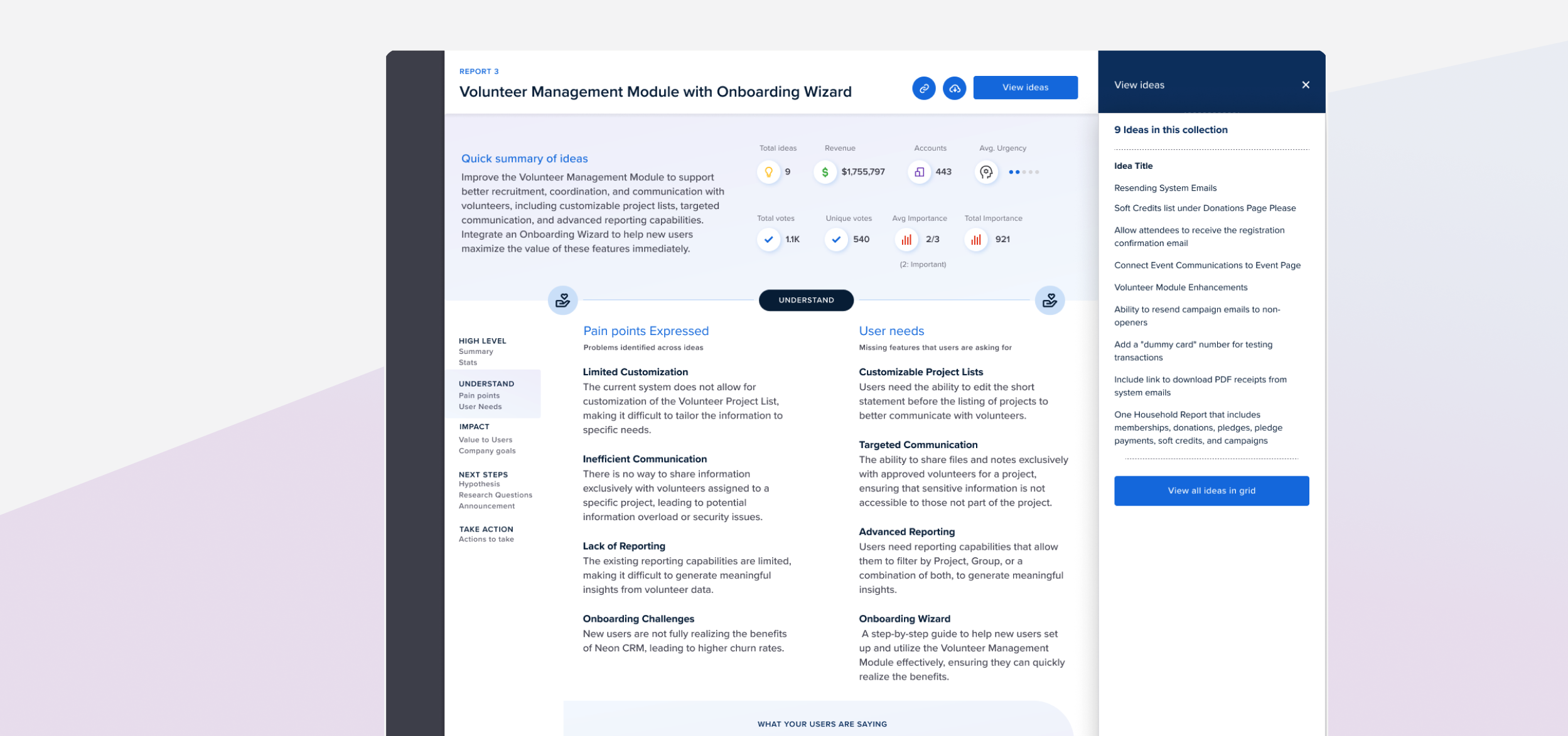 Impact Report in progress — Volunteer Management Module report using real customer data, showing AI-generated pain points and user needs